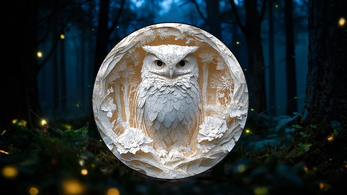 Wooden Jigsaw Puzzle Circular Owl Layered Papercut Forest Floral Pieces