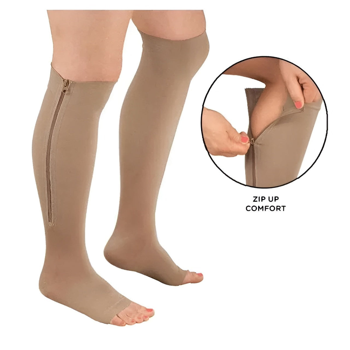 Zipper Knee High Graduated Compression Socks with Open Toe and Side Closure